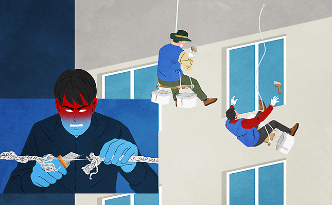 전신 PSD 남자 밧줄 일러스트 창문 아파트 외벽 들기 앉기 상반신 성인 세명 놀람 분노 잡기 범죄 떨어짐 공격 무서움 자르기 범죄인 사회이슈 페인트붓 추락사고 끊어짐 도색 도색공 커터칼 피해자 성인남자만 가해자 국내일러스트 감정 줄 벽 컨셉 모션 주택 표정 사람 사무용품 피해 붓 사건 남자만 성인만 파일형식