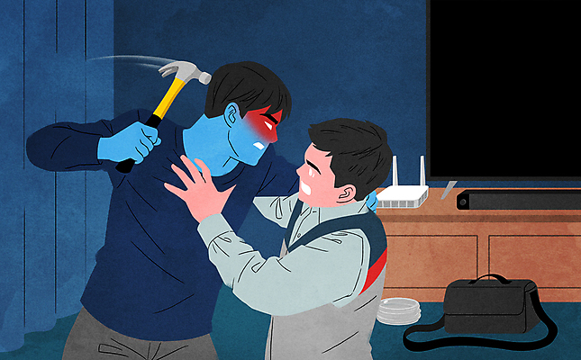 PSD 남자 가방 일러스트 들기 상반신 성인 두명 텔레비전 분노 잡기 범죄 기술자 망치 공격 무서움 범죄인 사회이슈 손뻗기 공유기 때리기 폭행 피해자 성인남자만 가해자 휘두르기 거실장 국내일러스트 직업 잡화 감정 가구 컨셉 모션 사람 전자제품 피해 공구 폭력 남자만 성인만 파일형식