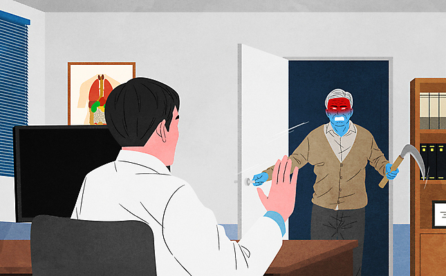 PSD 할아버지 노년 남자 일러스트 병원 들기 앉기 상반신 성인 두명 손들기 문 환자 의사 분노 오픈 범죄 공격 무서움 범죄인 사회이슈 낫 진료실 피해자 남자만 가해자 국내일러스트 감정 컨셉 의학 모션 사람 피해 진료 의료진 파일형식