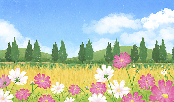 PSD 나무 구름 일러스트 자연 하늘 산 가을꽃 사람없음 가을풍경 맑음 고요 가을 코스모스 국내일러스트 자연요소 식물 계절 꽃 날씨 풍경 생태계 파일형식 가을_계절