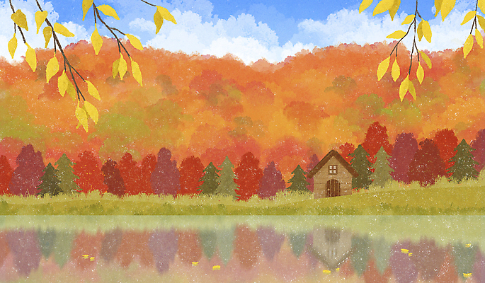 PSD 구름 호수 단풍 일러스트 자연 하늘 단풍나무 나뭇잎 산 사람없음 반사 가을풍경 고요 가을 오두막 나무집 국내일러스트 자연요소 나무 계절 잎 주택 풍경 생태계 파일형식 가을_계절