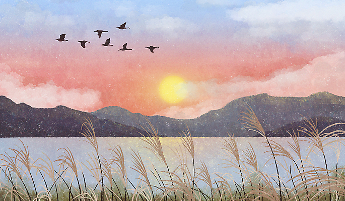 PSD 구름 호수 여러마리 일러스트 자연 조류 하늘 산 갈대 사람없음 태양 가을풍경 고요 일몰 가을 비행 국내일러스트 자연요소 식물 동물 계절 다수 풍경 노을 생태계 파일형식 가을_계절