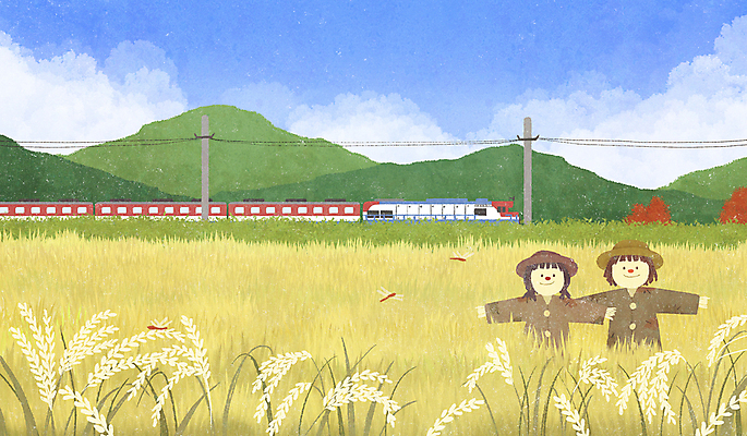 PSD 구름 일러스트 하늘 산 논 세마리 사람없음 가을풍경 고요 벼 가을 농촌 시골 전봇대 허수아비 고추잠자리 고속열차 국내일러스트 자연요소 계절 공공시설 농업 곡류 3 풍경 기차 잠자리 파일형식 가을_계절