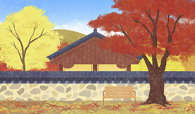 PSD 단풍 낙엽 벤치 일러스트 하늘 단풍나무 한옥 기와집 사람없음 가을풍경 고요 가을 은행나무 기와담장 국내일러스트 나무 한국전통 계절 고건축 잎 의자 기와 풍경 담장 파일형식 가을_계절