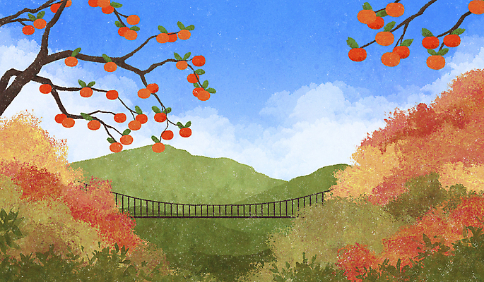 PSD 구름 단풍 일러스트 자연 하늘 산 감 사람없음 가을풍경 고요 가을 나뭇가지 감나무 가교 국내일러스트 자연요소 나무 건축물 계절 잎 과일 풍경 생태계 파일형식 가을_계절