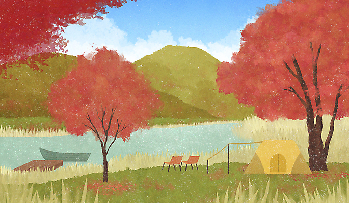 PSD 구름 단풍 일러스트 자연 하늘 단풍나무 산 텐트 사람없음 강 가을풍경 고요 캠핑 가을 풀 나룻배 나루터 캠핑의자 국내일러스트 자연요소 나무 식물 계절 잎 배_교통 의자 레저 캠핑도구 풍경 항구 생태계 파일형식 가을_계절