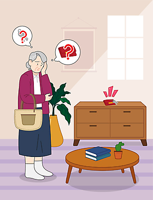 전신 여자 노년 화분 할머니 말풍선 일러스트 탁자 열쇠 선인장 한명 서기 책 턱괴기 물음표 지갑 서랍장 건망증 선인장화분 알츠하이머 증상 치매 노인여자한명만 국내일러스트 AI파일 식물 1 기호 가구 모션 사람 성인 질병 여자한명만 노인여자만 파일형식 벡터