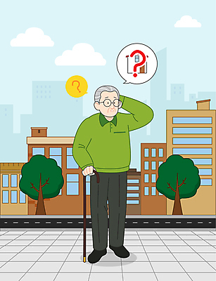 전신 나무 구름 할아버지 노년 남자 도로 말풍선 일러스트 지팡이 주택 한명 서기 빌딩 건물 물음표 건망증 알츠하이머 증상 치매 노인남자한명만 안경낌 국내일러스트 AI파일 자연요소 식물 1 건축물 기호 안경 길 교통시설 모션 사람 성인 질병 남자한명만 노인남자만 파일형식 벡터