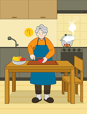 전신 여자 노년 할머니 말풍선 의자 일러스트 식탁 도마 한명 서기 들기 주방 앞치마 거품 물음표 연기 냄비 사과 자르기 재료손질 참외 요리중 식칼 건망증 끓이기 알츠하이머 증상 치매 노인여자한명만 국내일러스트 AI파일 1 기호 가구 과일 모션 탁자 주방용품 사람 성인 질병 솥 손질 여자한명만 노인여자만 파일형식 벡터