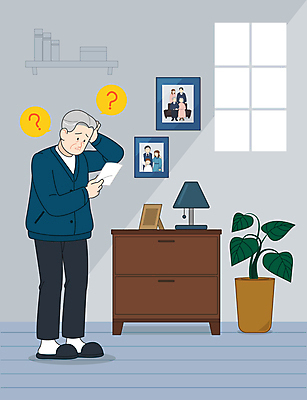 전신 응시 여자 할아버지 노년 남자 화분 액자 말풍선 일러스트 창문 가족 청소년 조명 서기 들기 여러명 상반신 성인 물음표 가족사진 서랍장 건망증 알츠하이머 증상 치매 국내일러스트 AI파일 기호 시선 가구 다수 관계 모션 사람 질병 파일형식 벡터 단체사진