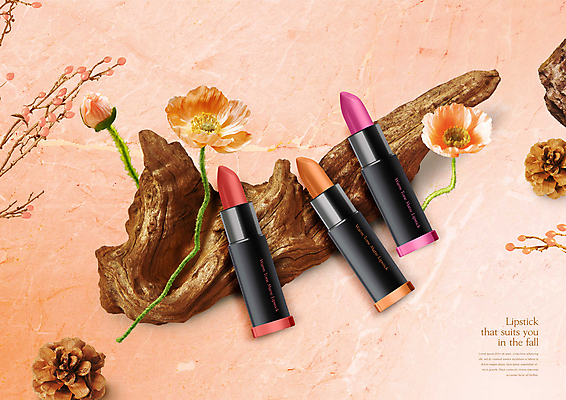 PSD 편집이미지 사람없음 화장품 립스틱 가을 세개 분위기 꽃봉오리 솔방울 양귀비 나무조각 코랄 이미지편집 계절 꽃 컬러 컨셉 3 목재 뷰티 파일형식