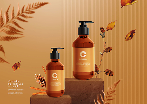 PSD 편집이미지 낙엽 나뭇잎 사람없음 갈색 화장품 두개 가을 나뭇가지 분위기 솔방울 스킨케어 단상 펌핑기 이미지편집 나무 계절 컬러 컨셉 잎 2 뷰티 병_담는 파일형식