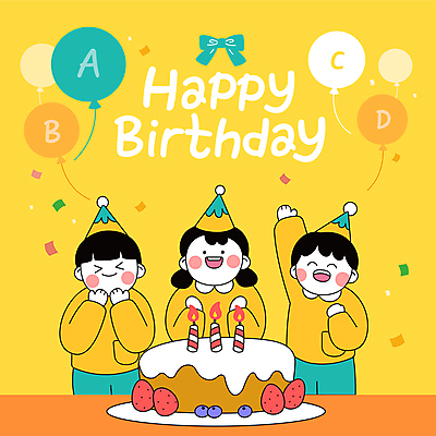 손글씨 알파벳 영어 여자 남자 행복 리본 어린이 일러스트 웃음 소녀 소년 상반신 세명 노란색 손들기 유치원 유치원생 고깔모자 생일파티 생일 생일케이크 박수 즐거움 꽃가루 유치원복 생일축하 풍선 해피버스데이 어린이만 영어유치원 국내일러스트 AI파일 문자 모자_잡화 옷 교육 기념일 감정 컬러 모션 표정 사람 손짓 케이크 축하 가루 파일형식 벡터