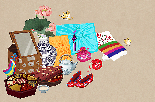 PSD 한국전통 명절 나비 두마리 일러스트 복주머니 전통소품 연꽃 사람없음 갈색 추석 꽃병 거울 보자기 항아리 찻잔 찻주전자 보따리 노리개 한국화 꽃신 구절판 민화 추석선물 명절선물 국내일러스트 전통 기념일 꽃 음식 컬러 곤충 신발 2 주전자 잔 한국 선물 도자기 동양화 오브젝트 그림 파일형식 천_직물