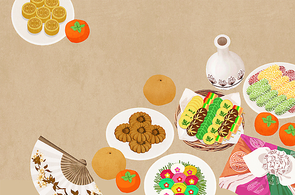 PSD 한국전통 접시 명절 일러스트 전통소품 감 사람없음 갈색 추석 보자기 배 전 보따리 송편 한국화 한과 약과 전통부채 접부채 민화 전통다과 추석선물 명절선물 항아리술병 국내일러스트 전통 식기 기념일 음식 컬러 과일 술병 디저트 떡 한국 선물 전통음식 부채 동양화 오브젝트 그림 다과 파일형식 천_직물