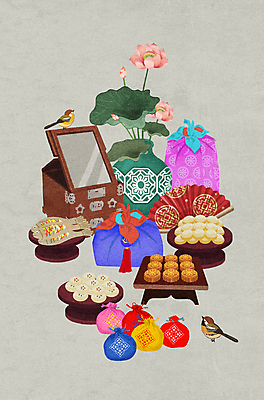 PSD 한국전통 명절 두마리 일러스트 조류 복주머니 전통소품 연꽃 어류 사람없음 추석 꽃병 회색 보자기 보따리 한국화 명절음식 전통부채 접부채 경대 민화 전통다과 제사그릇 추석선물 화과자 명절선물 국내일러스트 동물 전통 그릇 기념일 꽃 음식 컬러 2 한국 선물 과자 수중동물 전통음식 부채 동양화 오브젝트 그림 다과 파일형식 천_직물