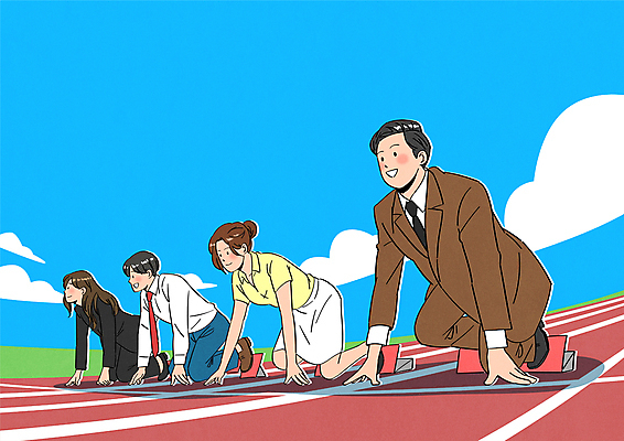 전신 구름 여자 남자 일러스트 비즈니스 정장 여러명 성인 경쟁 비즈니스맨 비즈니스우먼 준비 트랙 준비자세 출발선 성인만 국내일러스트 AI파일 자연요소 옷 포즈 다수 컨셉 사람 직장인 출발 파일형식 벡터