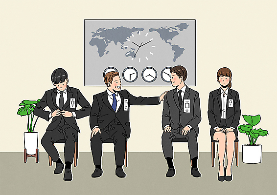 전신 식물 여자 남자 화분 세계지도 일러스트 회사 응원 앉기 정장 여러명 성인 경쟁 대기 비즈니스맨 비즈니스우먼 면접 격려 몸단장 성인만 어깨에손 국내일러스트 AI파일 옷 감정 다수 컨셉 지도 비즈니스 모션 사람 세계 직장인 파일형식 벡터