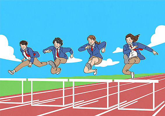 전신 구름 학생 여자 남자 교복 일러스트 청소년 여러명 달리기 점프 경쟁 허들 트랙 장애물넘기 장애물달리기 허들경기 십대만 국내일러스트 AI파일 자연요소 옷 다수 컨셉 모션 사람 경기 장애물 육상스포츠 넘기 파일형식 벡터