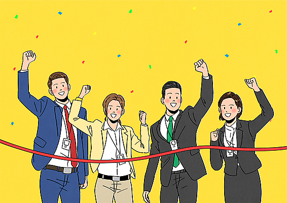 여자 남자 일러스트 정장 여러명 상반신 성인 노란색 파이팅 경쟁 주먹 비즈니스맨 비즈니스우먼 꽃가루 골인 결승선 사원증 결승끈 성인만 국내일러스트 AI파일 옷 컬러 다수 컨셉 비즈니스 모션 사람 직장인 가루 파일형식 벡터