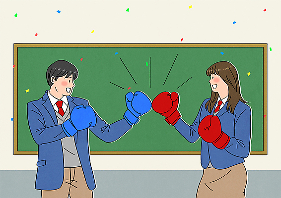 학생 여자 남자 교복 일러스트 학교 청소년 상반신 두명 칠판 경쟁 권투글러브 꽃가루 십대만 주먹인사 국내일러스트 AI파일 옷 교육 포즈 컨셉 사람 글러브 인사 가루 파일형식 벡터