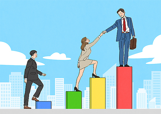 전신 구름 여자 남자 하늘색 서류가방 일러스트 회사 비즈니스 그래프 들기 정장 성인 세명 손잡기 경쟁 도움 비즈니스맨 비즈니스우먼 상승 오르기 성인만 국내일러스트 AI파일 자연요소 옷 컨셉 가방 모션 사람 파란색 직장인 파일형식 벡터