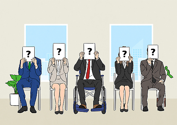 전신 여자 남자 의자 일러스트 회사 비즈니스 창문 들기 앉기 정장 여러명 성인 경쟁 팻말 물음표 장애인 휠체어 면접 얼굴가리기 성인만 장애인취업 블라인드채용 국내일러스트 AI파일 기호 옷 가구 다수 컨셉 모션 프레임 사람 가림 장애 채용 파일형식 벡터