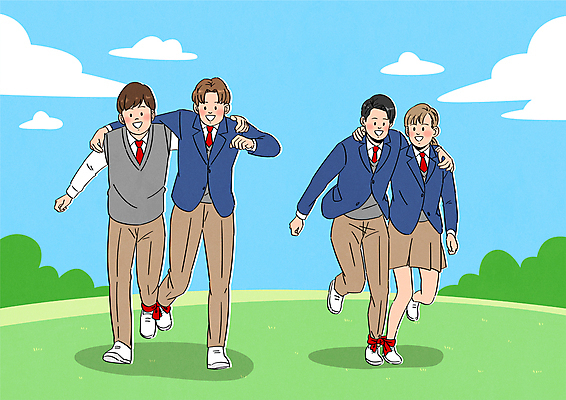 전신 구름 학생 여자 남자 교복 일러스트 청소년 하늘 어깨동무 협력 여러명 달리기 경쟁 묶기 이인삼각 십대만 국내일러스트 AI파일 자연요소 옷 포즈 다수 컨셉 모션 놀이 사람 파일형식 벡터