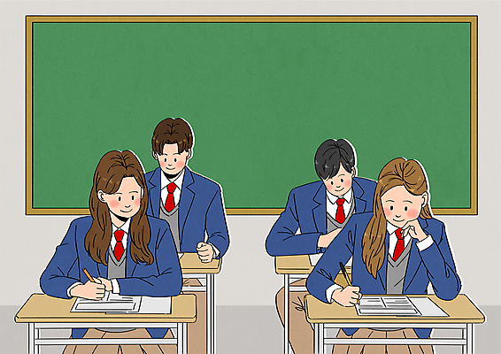 학생 여자 남자 교복 일러스트 학교 청소년 들기 앉기 여러명 상반신 펜 칠판 턱괴기 경쟁 시험 책상 시험시간 십대만 국내일러스트 AI파일 옷 교육 가구 다수 컨셉 모션 사람 필기구 파일형식 벡터