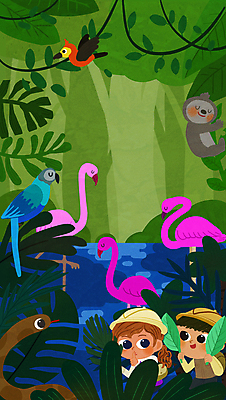 PSD 나무 여자 남자 어린이 여러마리 일러스트 조류 나뭇잎 들기 소녀 소년 상반신 두명 연두색 파란색 탐험 덩굴 열대우림 모험가 플라밍고 앵무새 쉿 풀숲 나무늘보 보아뱀 숨기 열대잎 정글탐험 어린이만 국내일러스트 식물 동물 컬러 다수 잎 모션 사람 초록색 뱀 숲 조용 파일형식