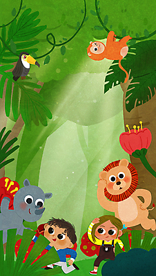 전신 PSD 나무 응시 여자 남자 꽃 어린이 여러마리 일러스트 매달리기 소녀 소년 두명 연두색 빛 손들기 걷기 원숭이 덩굴 숲속 사자 열대우림 코뿔소 열대잎 정글탐험 어린이만 토코투칸 국내일러스트 식물 시선 다수 잎 포유류 모션 조류 사람 초록색 탐험 숲 파일형식