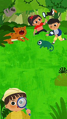 전신 PSD 나무 응시 여자 남자 어린이 여러마리 일러스트 돋보기 매달리기 들기 소녀 소년 상반신 세명 관찰 덩굴 숲속 열대우림 모험가 앵무새 치타 나무늘보 정글탐험 카멜레온 어린이만 국내일러스트 식물 동물 시선 다수 포유류 파충류 모션 조류 사람 탐험 숲 파일형식