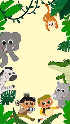 전신 PSD 여자 남자 어린이 여러마리 일러스트 코끼리 매달리기 들기 소녀 소년 두명 노란색 쌍안경 망원경 탐험 원숭이 가리킴 덩굴 열대우림 모험가 악어 코뿔소 보물지도 열대잎 정글탐험 어린이만 카피스페이스 국내일러스트 식물 컬러 다수 잎 지도 포유류 파충류 모션 사람 손짓 공백 숲 파일형식