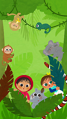 PSD 응시 여자 남자 어린이 여러마리 일러스트 바나나 매달리기 들기 소녀 소년 상반신 두명 연두색 원숭이 잡기 잠 뱀 덩굴 열대우림 업기 코알라 코뿔소 숨기 열대잎 정글탐험 카멜레온 어린이만 국내일러스트 식물 시선 다수 잎 과일 포유류 파충류 모션 사람 초록색 탐험 숲 파일형식