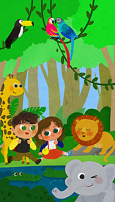 전신 PSD 여자 남자 어린이 여러마리 일러스트 코끼리 책가방 윙크 소녀 소년 두명 연두색 강 걷기 산책 잠 덩굴 숲속 사자 열대우림 기린 앵무새 악어 정글탐험 어린이만 토코투칸 국내일러스트 식물 다수 가방 포유류 파충류 모션 조류 휴식 표정 사람 초록색 탐험 숲 파일형식