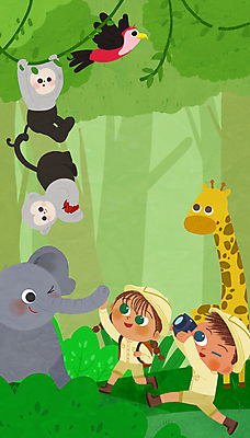 전신 PSD 여자 남자 어린이 여러마리 일러스트 조류 코끼리 매달리기 윙크 들기 소녀 소년 두명 연두색 달리기 카메라 사진촬영 비행 원숭이 잡기 덩굴 기린 앵무새 풀숲 정글탐험 어린이만 국내일러스트 식물 동물 다수 포유류 모션 표정 사람 초록색 전자제품 촬영 탐험 숲 파일형식