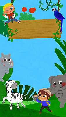 전신 PSD 여자 남자 꽃 어린이 하늘색 잎 여러마리 일러스트 코끼리 매달리기 들기 앉기 소녀 소년 두명 달리기 쌍안경 팻말 표지판 덩굴 열대우림 앵무새 얼룩말 코뿔소 캠코더 정글탐험 어린이만 카피스페이스 국내일러스트 식물 다수 포유류 모션 조류 프레임 알림판 사람 파란색 카메라 공백 망원경 탐험 말_동물 숲 파일형식