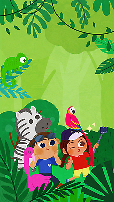 전신 PSD 응시 여자 남자 어린이 여러마리 일러스트 윙크 들기 소녀 소년 두명 연두색 스마트폰 선글라스 걷기 사진촬영 덩굴 셀프카메라 열대우림 플라밍고 브이 앵무새 얼룩말 셀카봉 열대잎 정글탐험 카멜레온 캡모자 어린이만 국내일러스트 식물 모자_잡화 시선 안경 다수 잎 파충류 모션 조류 표정 사람 손짓 초록색 핸드폰 스마트기기 촬영 탐험 말_동물 숲 파일형식