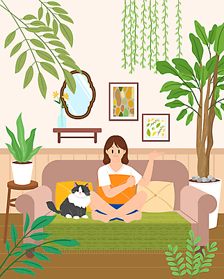 전신 나무 식물 한마리 여자 화분 액자 쿠션 잎 일러스트 선반 한명 앉기 성인 초록색 인테리어 소파 갈색 손들기 고양이 거울 성인여자한명만 플랜테리어 반려묘 홈가드닝 국내일러스트 AI파일 1 디자인 컬러 가구 의자 포유류 모션 사람 반려동물 원예 여자한명만 성인여자만 파일형식 벡터