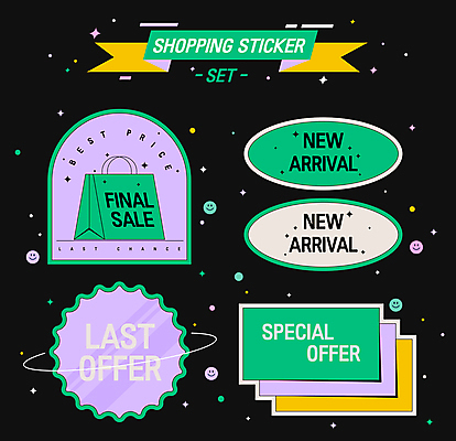 영어 리본 스티커 일러스트 사람없음 초록색 반짝임 쇼핑 쇼핑백 세일 사각형 보라색 팬시 타원형 신상품 뉴트로 미니멀 국내일러스트 AI파일 도형 문자 컬러 가방 모션 원형 상품 복고 파일형식 벡터