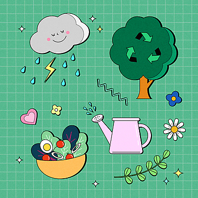 나무 꽃 화살표 스티커 잎 일러스트 방울토마토 사람없음 초록색 계란 재활용 샐러드 물뿌리개 하트 비 번개 빗방울 먹구름 친환경 격자 뉴트로 비건 재활용표시 국내일러스트 AI파일 자연요소 모양 식물 음식 컬러 무늬 토마토 표시 날씨 환경 알 비_날씨 복고 채식주의자 파일형식 벡터 구름_자연