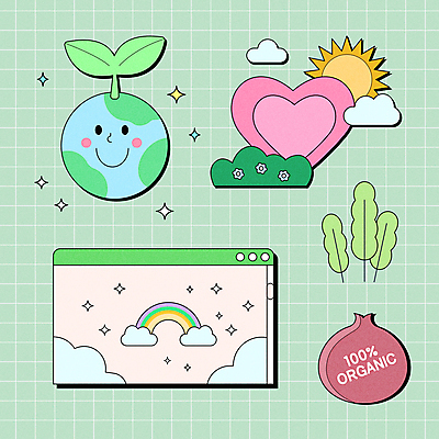 식물 구름 꽃 지구 무지개 스티커 일러스트 양파 사람없음 연두색 태양 새싹 하트 친환경 유기농 체크무늬 격자 인터넷창 뉴트로 국내일러스트 AI파일 자연요소 모양 웰빙 무늬 인터넷 채소 초록색 환경 복고 파일형식 벡터