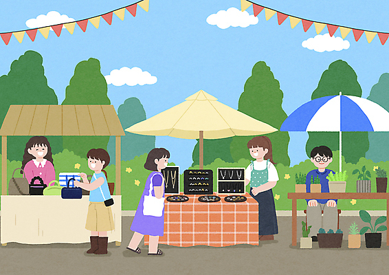 전신 PSD 식물 구름 여자 남자 화분 가방 일러스트 장신구 서기 들기 앉기 여러명 상반신 성인 쇼핑 판매 상점 파라솔 상인 고객 구경 가랜드 성인만 플리마켓 국내일러스트 자연요소 잡화 다수 모션 사람 시장 파티용품 파일형식