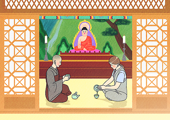 전신 PSD 여자 불교 일러스트 초 앉기 성인 두명 사찰 붓기 차 찻잔 다도 찻주전자 승려 불상 부처 승복 창호문 비구니 생활한복 템플스테이 성인여자만 국내일러스트 종교 음료 종교건축 모션 주전자 잔 사람 문 예절 체험 한복 성직자 여자만 성인만 파일형식