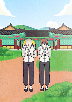 전신 PSD 식물 구름 모자 여자 일러스트 산 서기 성인 두명 눈감음 인사 사찰 승려 손모으기 합장 비구니 생활한복 템플스테이 성인여자만 국내일러스트 자연요소 잡화 불교 종교건축 모션 사람 손짓 예절 체험 한복 성직자 여자만 성인만 파일형식