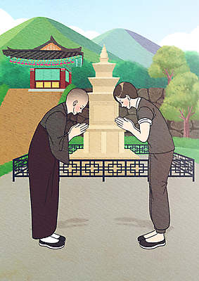 전신 PSD 나무 여자 남자 일러스트 산 서기 성인 두명 울타리 인사 사찰 석탑 승려 승복 합장 생활한복 템플스테이 성인만 국내일러스트 식물 불교 종교건축 모션 사람 손짓 담장 탑 예절 체험 한복 성직자 파일형식