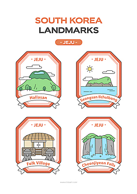 아이콘 한국 사람없음 관광지 제주도 라벨 주황색 돌하르방 지역 성산일출봉 제주민속촌 한라산 랜드마크 제주도여행 천지연폭포 제주가옥 2D아이콘 AI파일 아시아 컬러 여행 고건축 산 프레임 폭포 민속촌 서귀포 파일형식 벡터