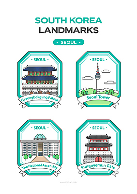 아이콘 리본 서울 한국 사람없음 관광지 라벨 숭례문 경복궁 지역 국회의사당 남산타워 랜드마크 민트색 평화의문 2D아이콘 AI파일 아시아 컬러 여행 프레임 궁전 남산 기념물 파일형식 벡터