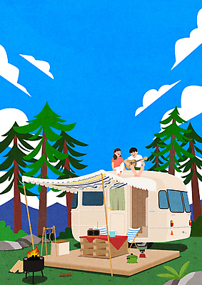 전신 PSD 나무 구름 여자 남자 연주 일러스트 산 캠핑도구 들기 앉기 성인 두명 캠핑 기타 숲 장작 모닥불 감성 캠핑카 야외테이블 차양막 카라반 성인만 차박 국내일러스트 자연요소 식물 음악 컨셉 모션 자동차 탁자 불 현악기 레저 사람 도구 차양 파일형식