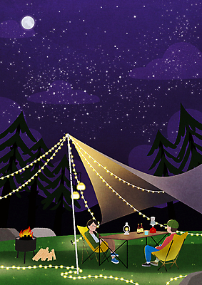 전신 PSD 나무 구름 커플 여자 남자 별 일러스트 밤하늘 조명 텐트 앉기 성인 두명 보라색 캠핑 다리꼬기 달 야간 숲 장작 모닥불 천막 감성 알전구 성인만 캠핑의자 국내일러스트 자연요소 식물 컬러 컨셉 의자 전구 관계 모션 하늘 불 레저 캠핑도구 사람 파일형식